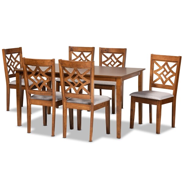 Baxton Studio Nicolette Modern and Contemporary Grey Fabric and Walnut Brown Finished Wood 7-Piece Dining Set 176-11387-10520-Zoro - main